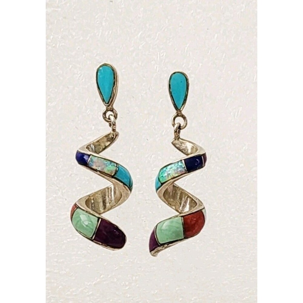 Vintage Native American Spiral Earrings Sterling Silver Multi Stone Inlay 1.5"